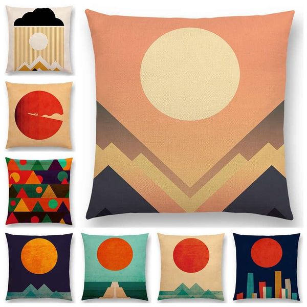 Sun Rises Cushion Cover Mountains Road Wild Colorful World Tipi Padrão geométrico Classic Sofá Caso de Capa/Decorativa