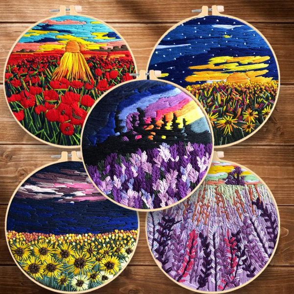 

other arts and crafts sunset flower oceans embroidery kit diy needlework green wild pattern needlecraft for beginner(with hoop)