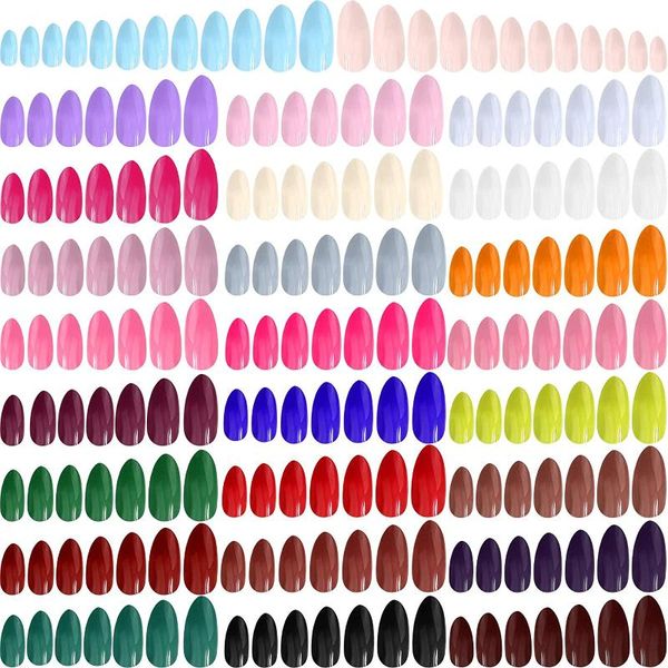 

false nails 624 pcs short full cover stiletto nail press on almond solid color 26 colors (classic), Red;gold