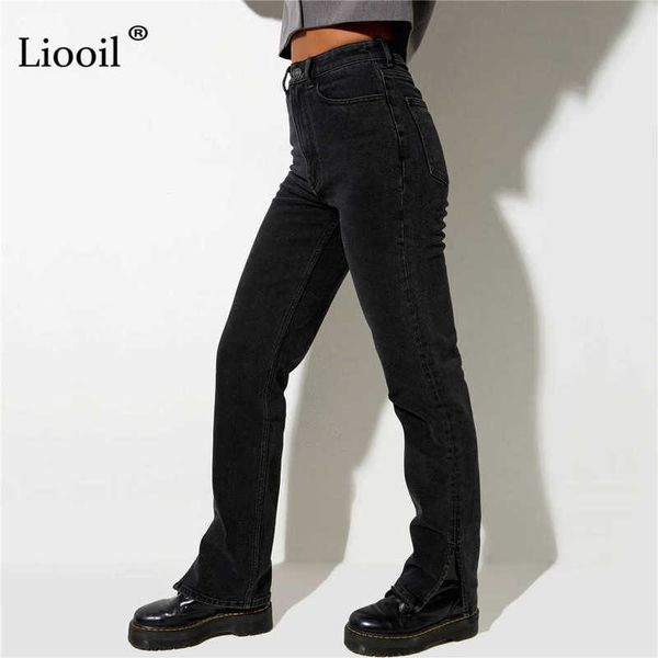 

liooil boyfriend slit high waisted jeans women streetwear straight leg black skinny pants fall casual denim trousers 210927, Blue