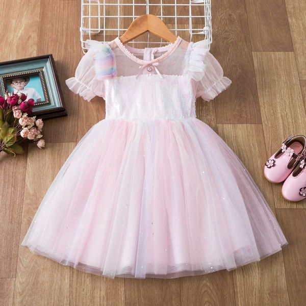 Summer Girls Rainbow Tulle Dress for Kids Princess Paillettes Abbigliamento Boutique Flower Girl Abiti Matrimoni 210529