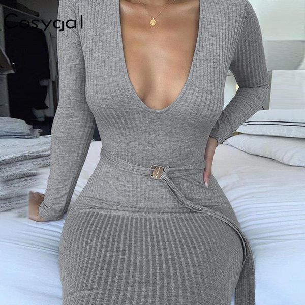 

casual dresses cosygal knittted solid women long sleeves deep v neck waist tie bodycon mini dress skinny fashion vestidos, Black;gray