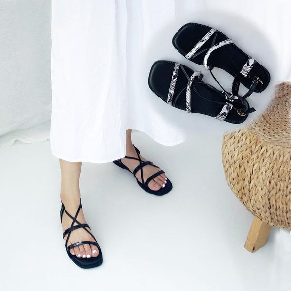 

sandals flat women's summer 2021 versatile cross strap roman with buckles, Black