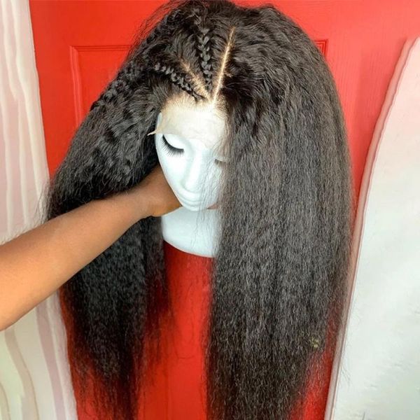 

synthetic wigs 180%density glueless 26 inch kinky straight lace front wig for black women with babyhair preplucked yaki
