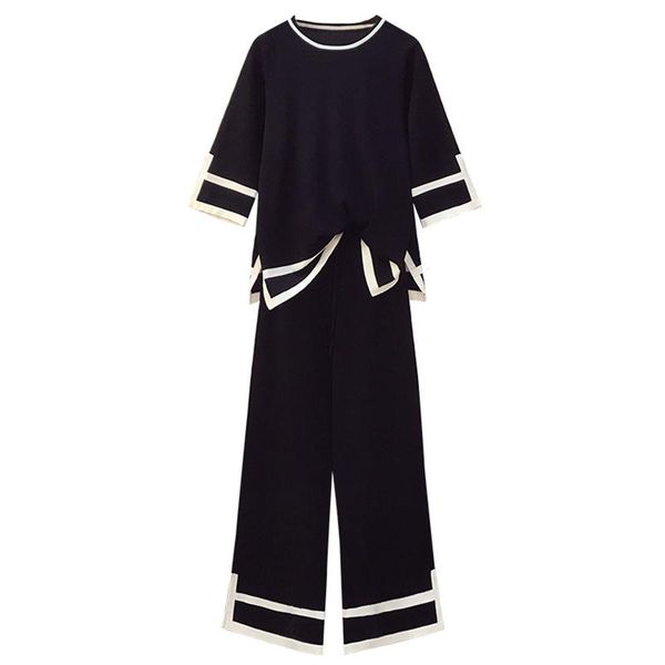 

women's two piece pants oversized summer knitted suits contrast loose pullover sweater jumpers and wide leg plus szie outfits, White