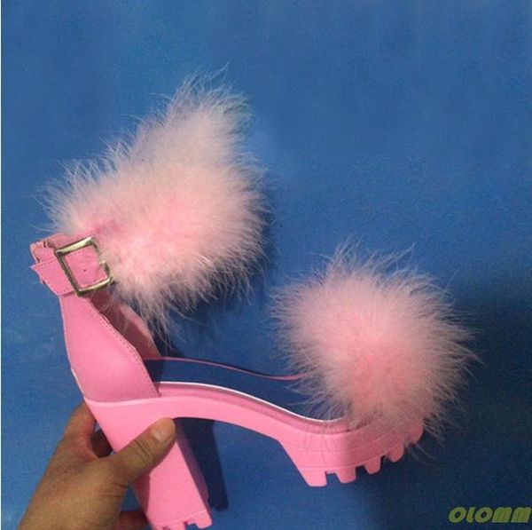 

sandals women pumps summer ladies high heels feather fashion party shoes ankle strap candy color platform female plus size, Black