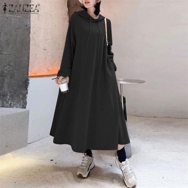 

stylish hooded hoodies dress women autumn sweatshirts 2021 zanzea casual long sleeve maxi vestidos female solid robe oversized, Black;gray