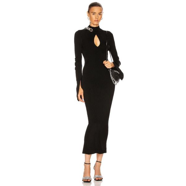 

casual dresses kgfigu 2021 arrival halter long sleeveless high waist zipper black color knitting night party elegant back slit women dress, Black;gray