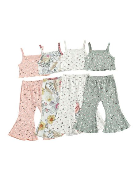 

pcs toddler floral outfits, baby girl sleeveless spaghetti strap u-shaped neck tank + flared pants (pink) 18m-6t clothing sets, White