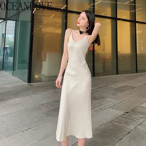 

casual dresses oceanlove 2021 satin summer dress solid v neck all match fashion vestidos sleeveless long vintage high waist 15671, Black;gray