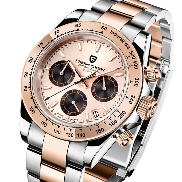 

wristwatches pagani design luxury quartz mens watches gold watch men chronograph sport full steel clock vk63 montres homme 2021, Slivery;brown