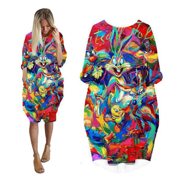 

casual dresses bugs bunny dress summer 3d print streetwear women dresses fashion harajuku long sleeve oversize punk clothes plus size clothi, Black;gray