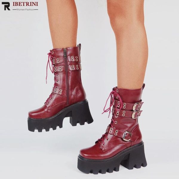 

boots femlae ankle with buckle zipper design rivet chunky heel platform shoes woman 2021 arrival fashion casual winter, Black