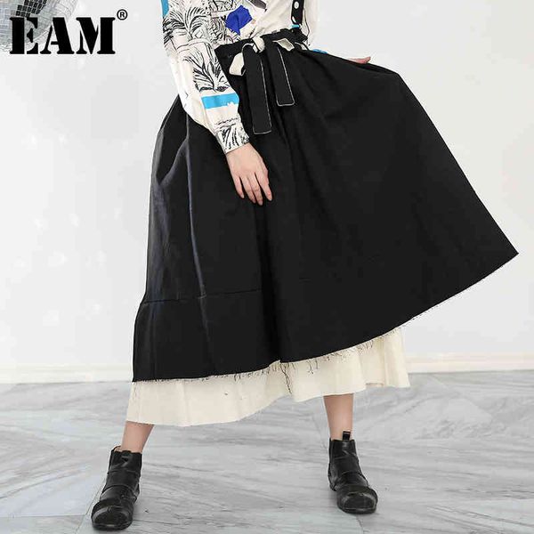 

[eam] high elastic waist burr double layers black asymmetrical half-body skirt women fashion spring autumn 1m9360 21512