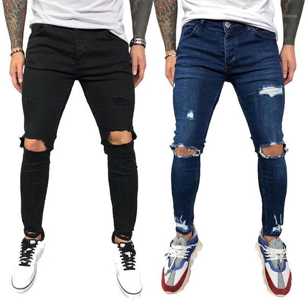 

men's jeans mens distressed stretchy skinny ripped frayed denim pants hip hop pencil trousers, Blue