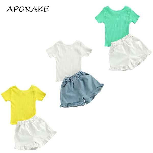 

2-6y fashion toddler girl clothing solid color short sleeve bandage t-shirt shorts summer 2pcs outfits set sets, White
