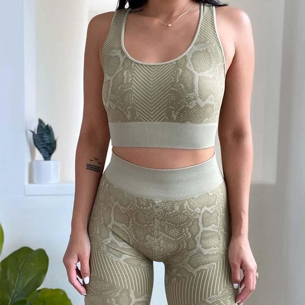

piece sets snake print yoga women high waisted pants & bra workout set fitness clothing gym outfit