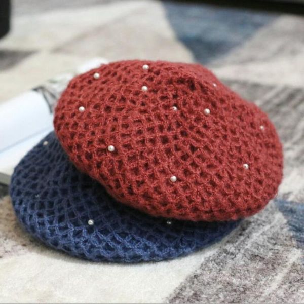 

berets pearls mohair beret for women girls white red slouchy hat 2021 warm solid plain mustard handmade beanie, Blue;gray