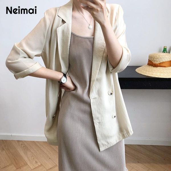 

women's suits & blazers neimai cotton linen blazer mujer 2021 casual vintage office wear korean fashion clothing autumn coats for woman, White;black