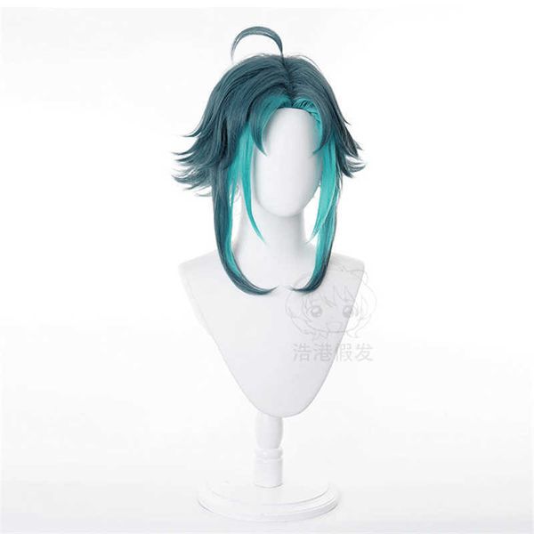 GENSHIN Genshin Impacto Xiao Cosplay Peruca Misturada Azul Verde Azul Azul Curto Calço Resistente Cabelo Sintético Adulto Ponto de Papacidade do Dia das Bruxas Y0913