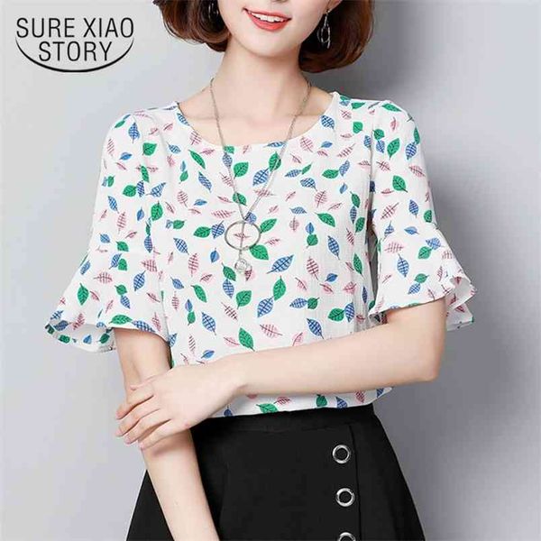 

summer fashion short sleeved blouses print casual plus size chiffon flare sleeve clothing women d629 30 210506, White
