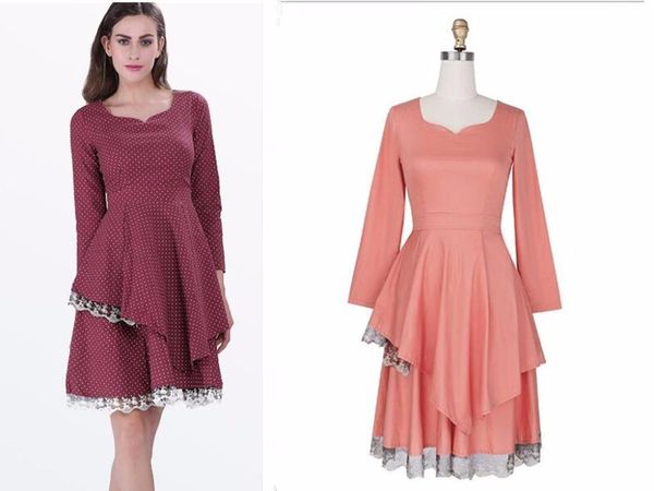 

casual dresses fashion ladies long sleeve double layers flared polka dots pin up dress winter lace, Black;gray