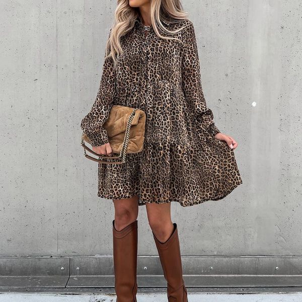 

casual dresses leopard printed ruffle shirt dress women autumn lapel loose long sleeve a line short office party vestidos 2021, Black;gray