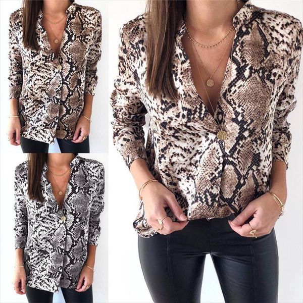 

autumn snake print long sleeves women blouses v neck high street fall fashion, White