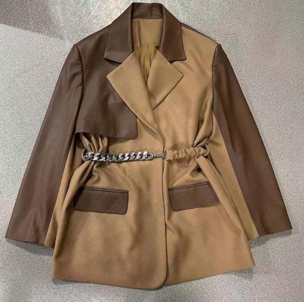 

women's leather & faux vintage jacket autumn winter 2021 women patchwork outwear luxury chain long sleeves jackets coat, Black