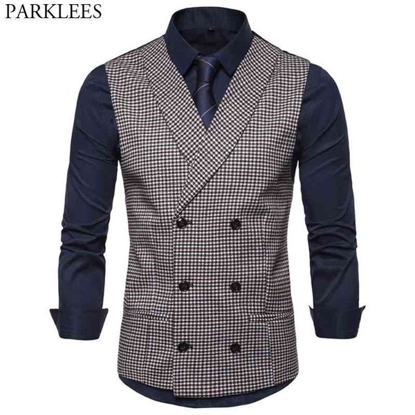 

men's double breasted shawl collar dress vests fashion houndstooth slim fit sleeveless suit vest men business formal tuxedo 210522, Black;white
