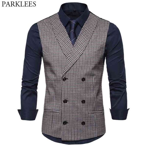 Homens Double Breasted Shawl Collar Vests Vests Moda Houndstooth Slim Fit Mangas Sem Mangas Vest Homens Business Formal Tuxedo 210522