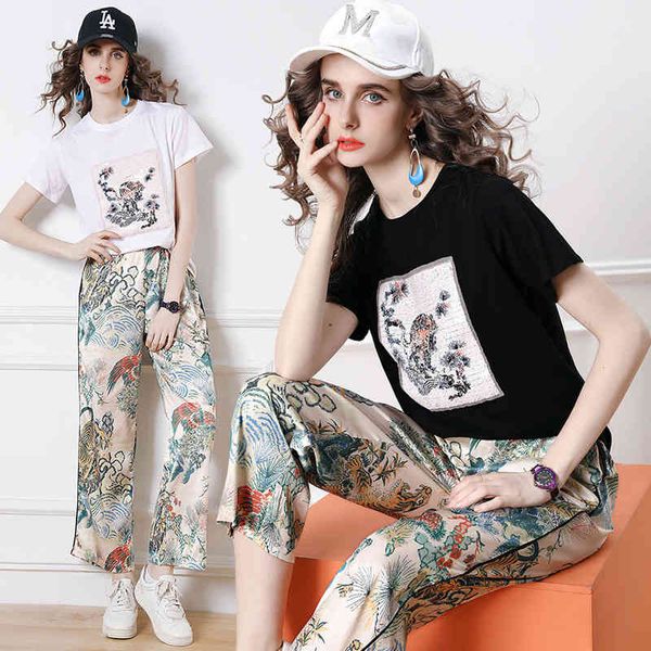 

tracksuits fashion sport suit 2021 summer sequin tiger t-shirt + print casual slacks two piece set, Gray