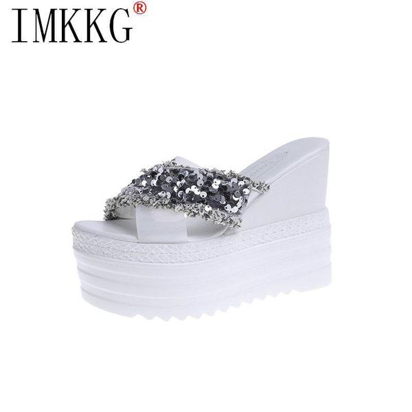 

high platform slippers women cross sequin heels black white summer beach slide