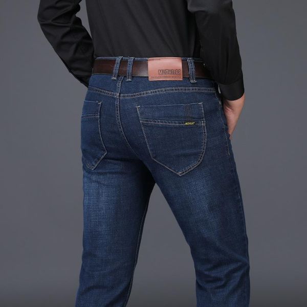 

luren autumn and winter jeans men's elastic straight loose business dad wear casual breathable thin, Blue