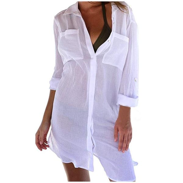 

women's swimwear 2021 tunics for beach women chiffon bikini cover up long sleeve loose bathing suit wear female besch dress ll4, White;black