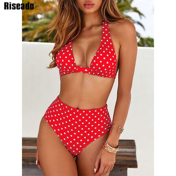 Riseado Yüksek Bel Bikini Nokta Baskı Kadın Mayo Halter Mayo Kadınlar Mayo Şınav Seksi Bikini Set Yaz Biquini X0522