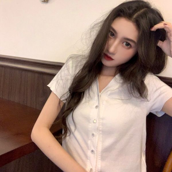 

3colors 2021 summer korean style solid color v neck short cardigan t-shirts womens tee shirt femme women (c2291), White