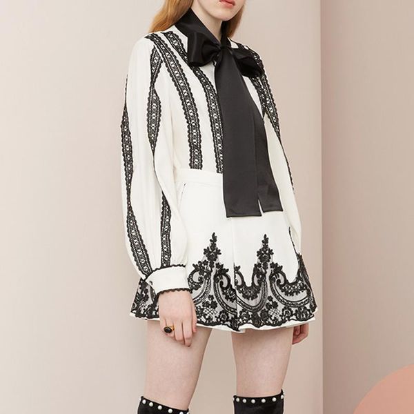 

two piece dress lace shirt skirt women's sets long sleeve up blouse female high waist mini skirts suits 2021 spring, White