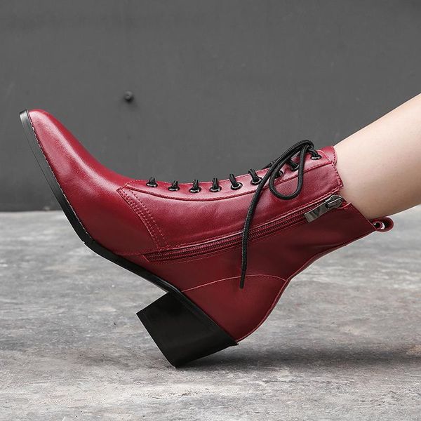 

boots leather woman short sharp coarse heel chalaza high genuine all-match, Black