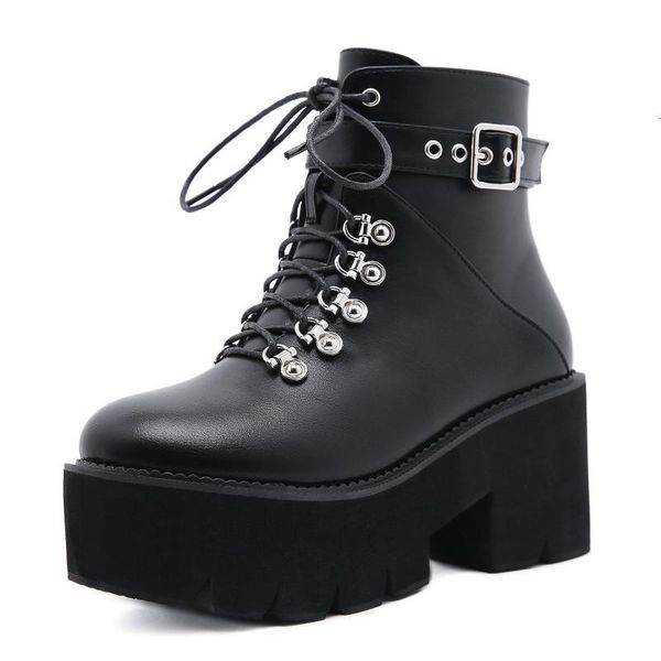 

boots autumn winter chunky heel platform lace-up black gothic women comfortable buckle footwear 9ed6