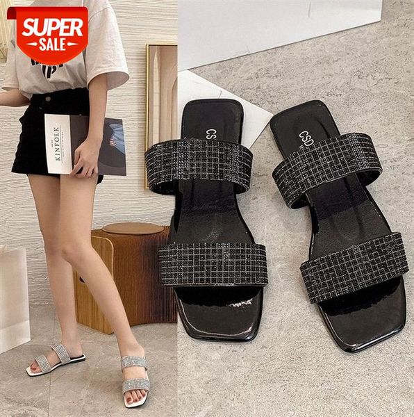 

women's sandals and slippers low-heeled word with european american large size 41-42 rhinestone fashion outer wear solid color #ew6i, Black