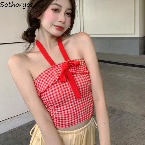 

women's tanks & camis women red camisoles plaid halter bow sweet lovely girls backless summer casual crop korean style fashion sli, White