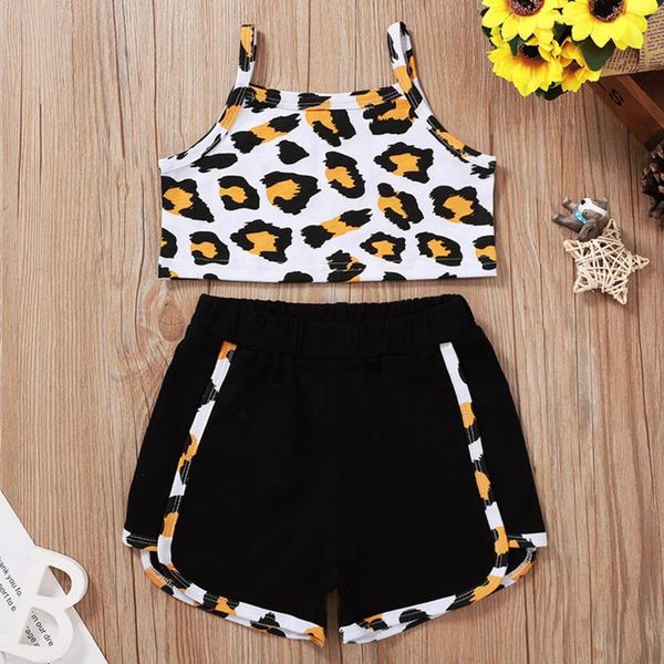 

baby girls summer casual outfit sports sets exercise suit clothes sleeveless leopard print cropped elastic waist shorts clothing, White