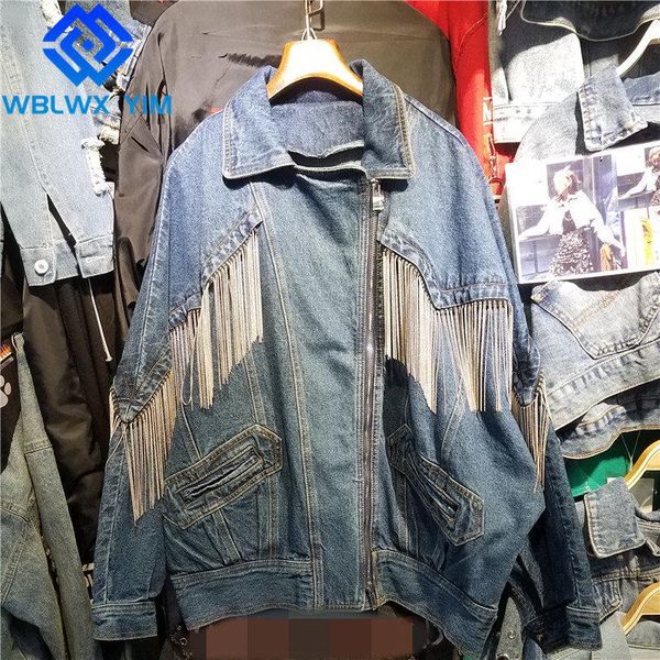 

women's jackets spring jeans jacket women zipper pocket fashion tassel denim long sleeve loose streetwear coat harajuku, Black;brown