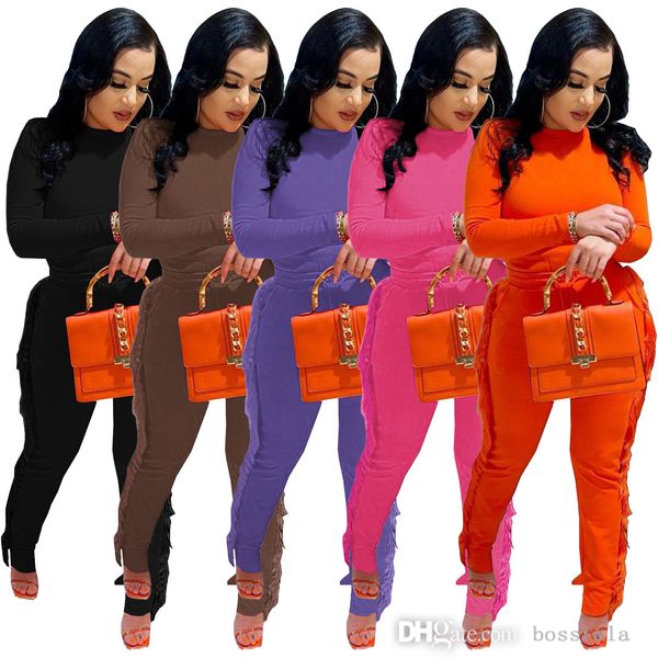 

women tassel clothing two piece pants set 2022 spring designer round neck long sleeve solid color tracksuits, White