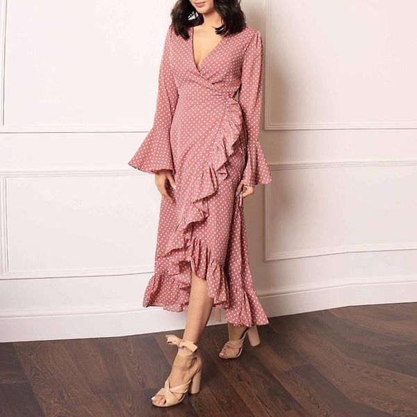 

casual dresses 2021 autumn slit long dress women fashion v neck ruffles slim party vintage floral print chiffon female vestidos, Black;gray