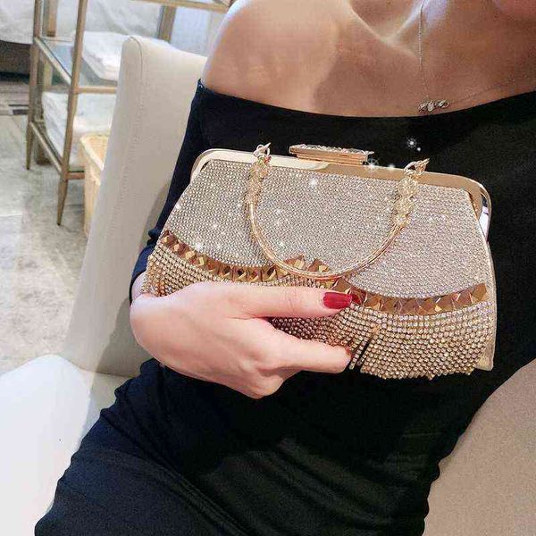 

women golden wedding evening party rhinestone tassel shiny handbag bridal metal bow clutches chain shoulder bag purse