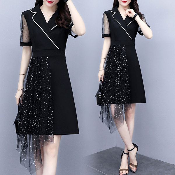 

size large female spring and summer fashion crochet fake two pieces suit hollow out office ladies work dress k149 69f6, Black;gray