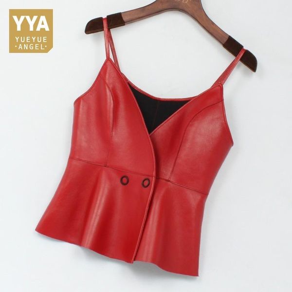 

women's vests 2021 fashion black red solid genuine leather real lambskin sleeveless vest women waistcoats ruffles short outwear, Black;white