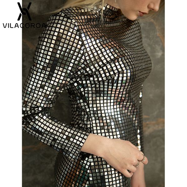 

2021new womens silver dress sequins long-sleeved bag hip nightclub dress long paragraph elegant slim casual dress womens vestidos, Black;gray